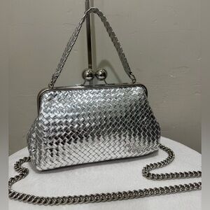 Stunning Silver Woven Leather Handmade Large Ball Kisslock Frame, Multi Use Bag